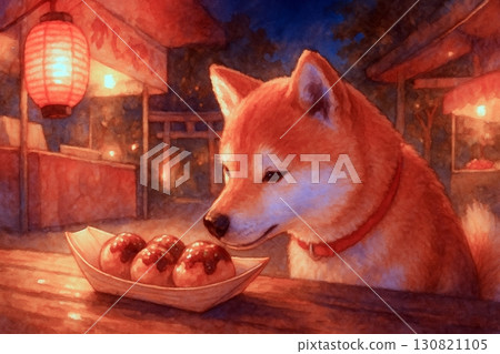 Night view of a Shiba Inu staring at takoyaki at a summer festival stall 130821105