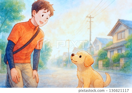 A boy and a puppy meet in an alley at dusk 130821117