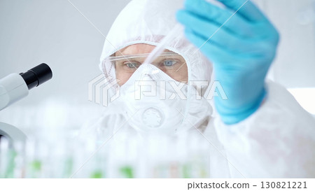 Professional scientist in protective gear is using pipette and examining a test tube in a laboratory setting 130821221