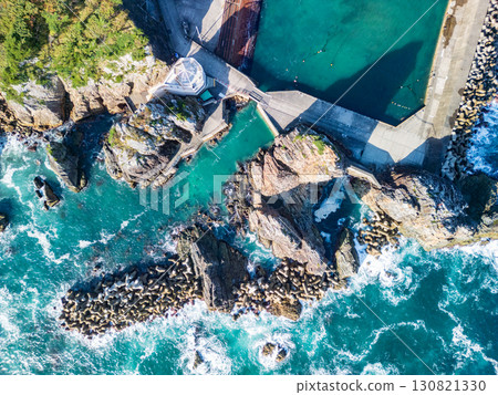 Aerial view of the Meoto Iwa rocks on Kosode Coast in Kuji City, Iwate Prefecture 130821330