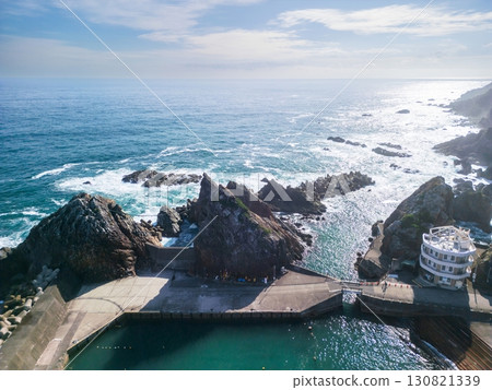 Aerial view of the Meoto Iwa rocks on Kosode Coast in Kuji City, Iwate Prefecture 130821339