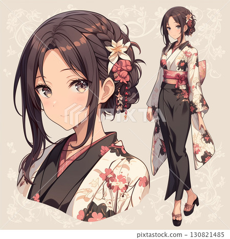 一位優雅微笑的女人，穿著白色背景上的花卉圖案 130821485