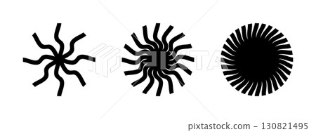 Groovy sun symbols. Round swirl icons. Fan, propeller or ventilator signs. Vortex, vertigo or tornado pictograms isolated on white background. Vector graphic illustration 130821495
