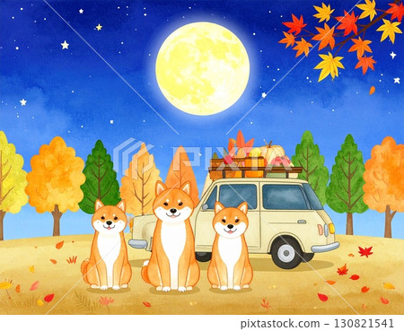 這是一幅令人放鬆的秋季插畫，描繪的是一隻柴犬在滿月之夜駕駛吉姆尼穿過秋葉的場景。 130821541