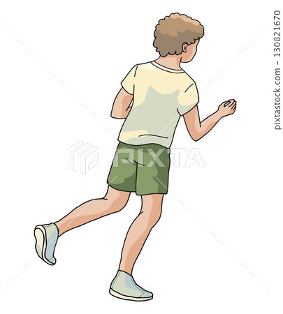 boy in shorts and t-shirt back view  outline color vector illustration 130821670