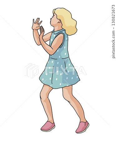 scared blonde girl in blue dress outline color vector illustration 130821673