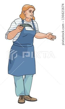 Standing women vendor with fish in her hands Standing women vendor with fish in her hands 130821674