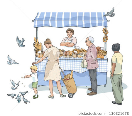 Farmers market scene with man and women buying bread from local vendor. Market stall is filled with variety of bread 130821678