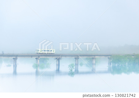 Kitakami Line: Kiha 100 train passing through the submerged forest of Lake Kinshu in the morning mist 130821742