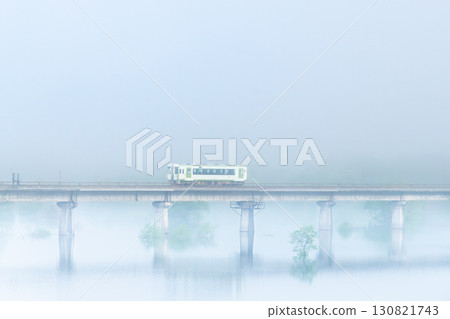 Kitakami Line: Kiha 100 train passing through the submerged forest of Lake Kinshu in the morning mist Kitakami Line: Kiha 100 train passing through the submerged forest of Lake Kinshu in the morning mist 130821743