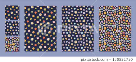 Groovy retro floral seamless pattern set. Vintage funky background with colorful daisy and flower pattern. Funky y2k and graphic style for modern wallpaper, textile, creative decorative surface. Groovy retro floral seamless pattern set. Vintage funky background with colorful daisy and flower pattern. Funky y2k and graphic style for modern wallpaper, textile, creative decorative surface. 130821750