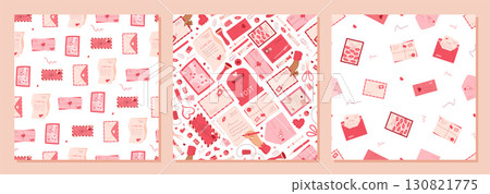 Seamless pattern with love mail in flat style set. Heart, envelope, note, postcard, message, card in romantic set. Postcard and mail pattern, card flat visual, cute greeting or correspondence. 130821775