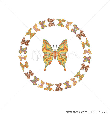 Groovy retro butterfly in colorful circle frame pattern. Vintage border and psychedelic pattern create playful y2k accent. Funky decorative motif for nostalgic style and modern interior Groovy retro butterfly in colorful circle frame pattern. Vintage border and psychedelic pattern create playful y2k accent. Funky decorative motif for nostalgic style and modern interior 130821776