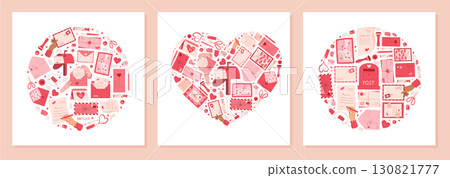 Heart mail concept in flat cartoon shape style. Card, envelope, note and message with stamp and postbox for love theme. Creative holiday correspondence, cute pink red elements, romantic stationery, 130821777