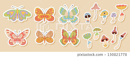 Groovy psychedelic cartoon butterfly and mushroom sticker set with cute trippy y2k and retro colorful style. Groovy element set for fun patch or playful vintage decor ideas. Groovy psychedelic cartoon butterfly and mushroom sticker set with cute trippy y2k and retro colorful style. Groovy element set for fun patch or playful vintage decor ideas. 130821778