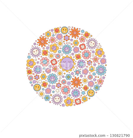 Groovy retro circle flower sticker in colorful and cute style. Happy daisy and smiley with floral concept, playful y2k background for trendy decor positive mood. Groovy retro circle flower sticker in colorful and cute style. Happy daisy and smiley with floral concept, playful y2k background for trendy decor positive mood. 130821790