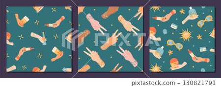 Flat seamless pattern with summer sunscreen bottle shapes and spf tube, two hand hold lotion, spray, and sunblock set. Sun care product collection summer protection in repeating square motif. Flat seamless pattern with summer sunscreen bottle shapes and spf tube, two hand hold lotion, spray, and sunblock set. Sun care product collection summer protection in repeating square motif. 130821791