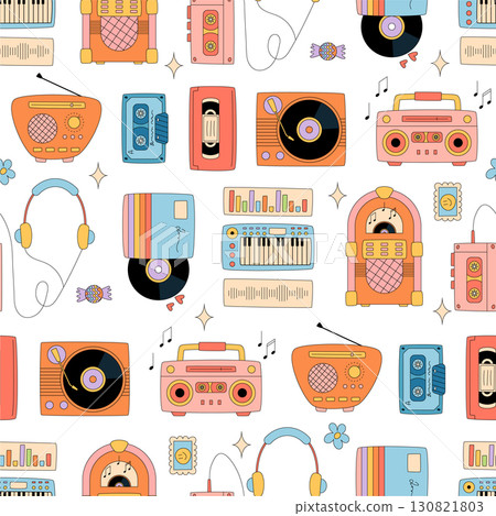Groovy retro music seamless pattern with cassette and record in pop style. Boombox, y2k radio, and headphones form a nostalgic background as a playful pattern for modern creative wallpaper. 130821803