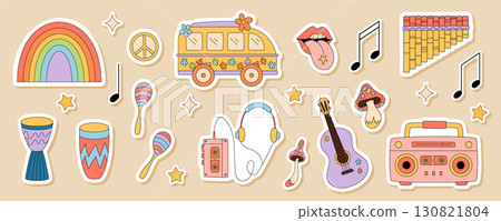 Groovy retro music party sticker set in colorful cartoon y2k style. Rainbow, mushroom, boombox, guitar, and playful groovy element in a fun set. Ideal for sticker collection, trendy party design, and 130821804