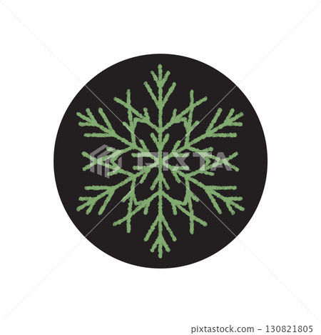 Chalk ornament with snowflake symbol forms a green element on black circle sticker. Winter frost detail, holiday box accent and cold christmas decoration for sticker or emblem use. 130821805