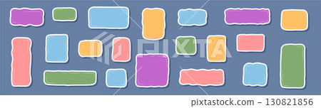 Hand drawn sticker set with organic color and cartoon graphic style. Rectangle label patch badge in playful frame background. Unique text element collection for creative note, colorful label or 130821856