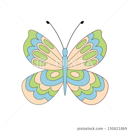 Retro groovy butterfly with colorful flat groove forms. Groovy element inspired by 70s and 60s, nature, spring and retro, perfect for vintage graphic style art themes. 130821869