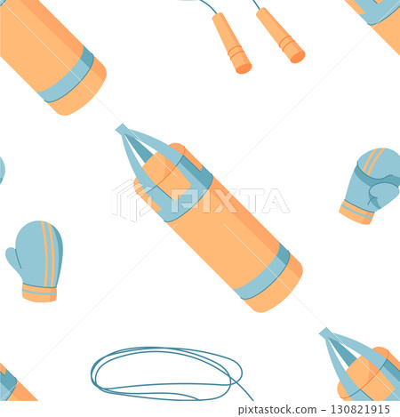 Flat seamless pattern with boxing gloves, ropes, and fitness equipment. Boxing tools for gym training and workout. Sport design for active lifestyle visuals. 130821915