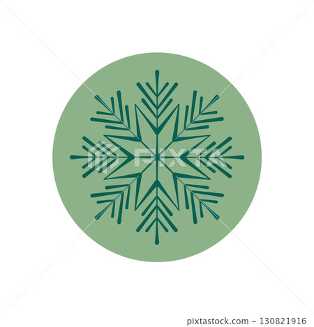 Green circle label with snowflake icon in line style. Holiday ornament and christmas package seal for xmas gift. Winter snow flake art as festive stamp for seasonal packaging. Green circle label with snowflake icon in line style. Holiday ornament and christmas package seal for xmas gift. Winter snow flake art as festive stamp for seasonal packaging. 130821916