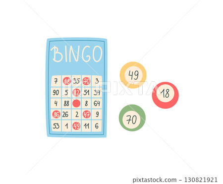 Cartoon bingo sticker game card in flat style. Bright bingo pieces and a numbered card set on a table. Fun and playful concept for boardgame party activity entertainment at home. 130821921