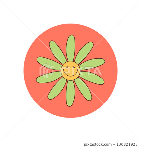 Groovy retro flower round sticker in yellow and happy smile style. Playful circle package seal adds charm as lid or cheerful accent, blending graphic design for positive, trendy label or product 130821925