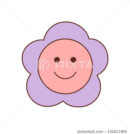 Groovy y2k flower icon in cartoon graphic style with a happy smile and cute pink color. Floral motif and groovy element bring playful retro charm as a positive, graphic symbol for contemporary pop 130821968