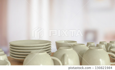 The Ceramic kitchen ware on wood table for food concept 3d Rendering. 130821984