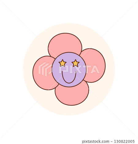 Cute groovy flower sticker in a colorful retro circle label with flat smiley face. Playful seal for lid or box, this y2k package accent brings happy, fun charm. Cute groovy flower sticker in a colorful retro circle label with flat smiley face. Playful seal for lid or box, this y2k package accent brings happy, fun charm. 130822005