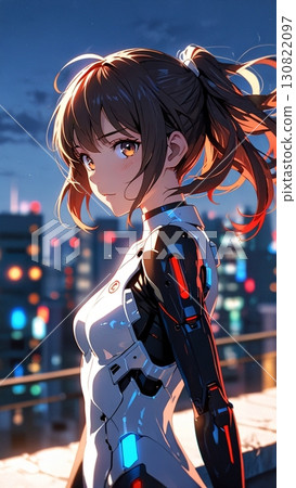 一位美麗的機器人女孩，有著美麗而強大的表情，背後是未來城市的夜景。 130822097