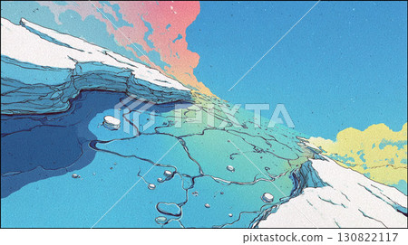 色彩繽紛的天空和冰雪地形的動漫風格插圖 130822117