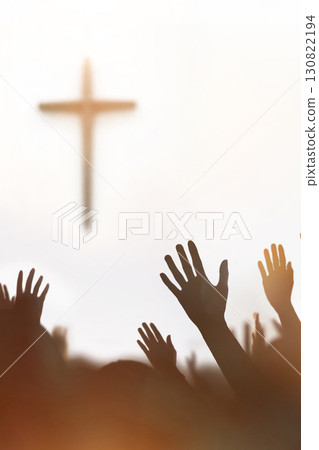 A background of a church gathering filled with the Holy Spirit, with Christians passionately praising, praying, and worshipping toward the cross. 130822194
