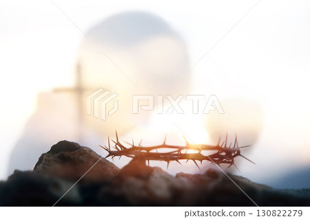 The Cross of Jesus Christ's Passion, Crown of Thorns, and Praying Christians Overlap, Holy Week Background 130822279