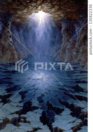 神秘的洞穴場景，地面龜裂，洞穴天花板透出光線 130822336