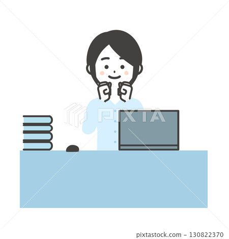 一位女士在辦公桌前使用筆記型電腦揮拳的插圖 130822370