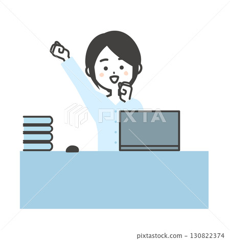 一位女士在辦公桌前使用筆記型電腦並舉起拳頭的插圖 130822374