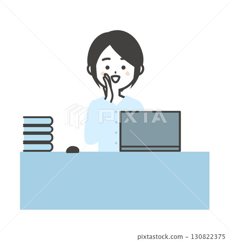 Illustration of a woman using a laptop at a desk calling with her hand over her mouth Illustration of a woman using a laptop at a desk calling with her hand over her mouth 130822375