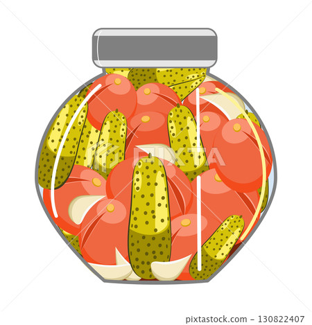 Homemade pickles and tomatoes with garlic in a jar vector illustration Homemade pickles and tomatoes with garlic in a jar vector illustration 130822407