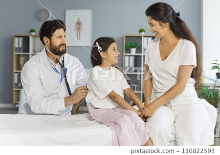Mother and daughter visiting male doctor in clinic Mother and daughter visiting male doctor in clinic 130822593