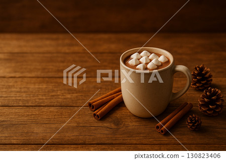 冬季木桌上的熱可可和棉花糖 130823406