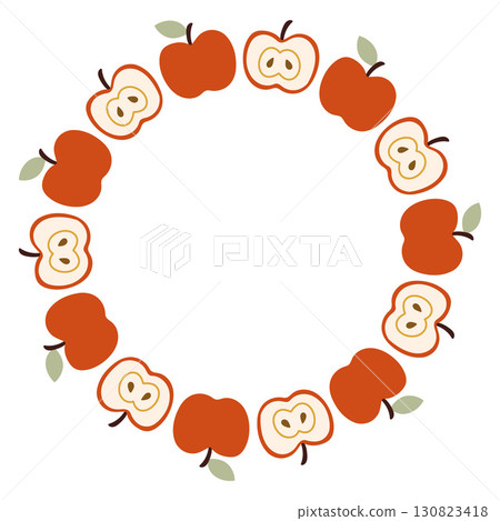 Autumn apple circle frame. Round border made of doodle hand drawn fall apples. The apples are arranged in a circle for stickers, banners, cards, ads. Vector flat isolated on white background. Autumn apple circle frame. Round border made of doodle hand drawn fall apples. The apples are arranged in a circle for stickers, banners, cards, ads. Vector flat isolated on white background. 130823418