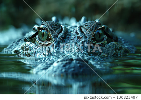 a crocodile's head emerging from tranquil waters. ai generative 130823497