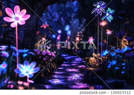 Whimsical Neon flowers forest. Violet creative. Generative Ai 130823512