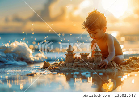 child building a sand castle on the beach. Generative AI technology. 130823518