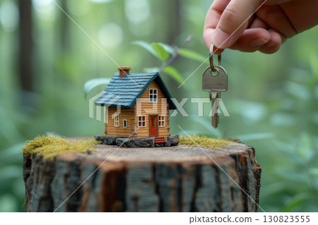 the real estate technology concept, of a real estate businessman holding a house and key given customer, selling house, house on background, table, working, generative ai the real estate technology concept, of a real estate businessman holding a house and key given customer, selling house, house on background, table, working, generative ai 130823555