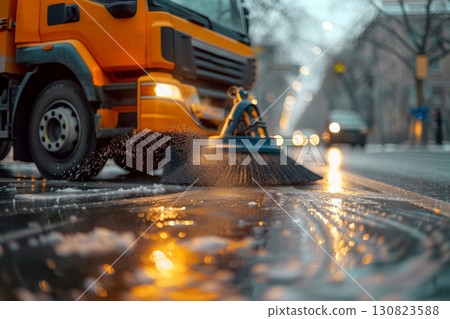 Close-up of a cleaning car sweeping the street. AI generated image 130823588
